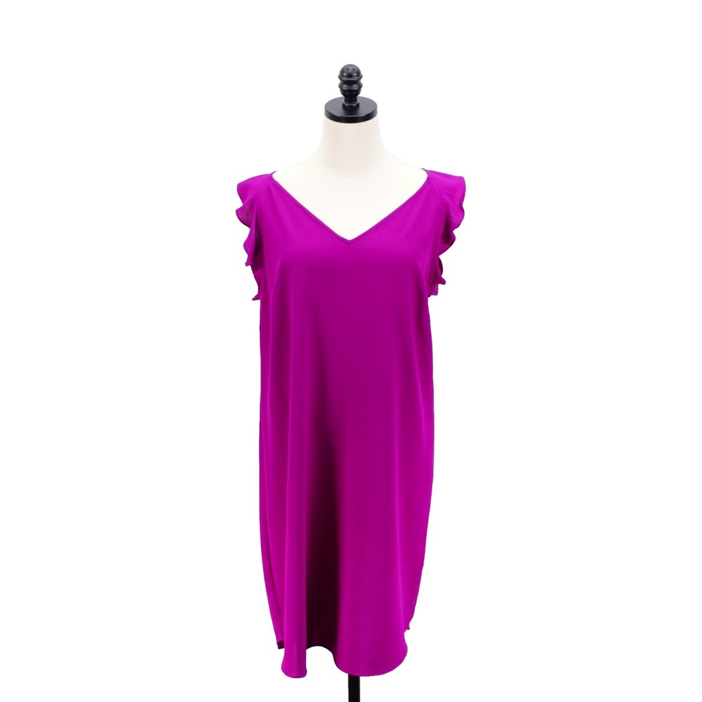 Vince Camuto -Size 8- Purple Fluttered Short Sleeve V Neck Polyester Shift Dress